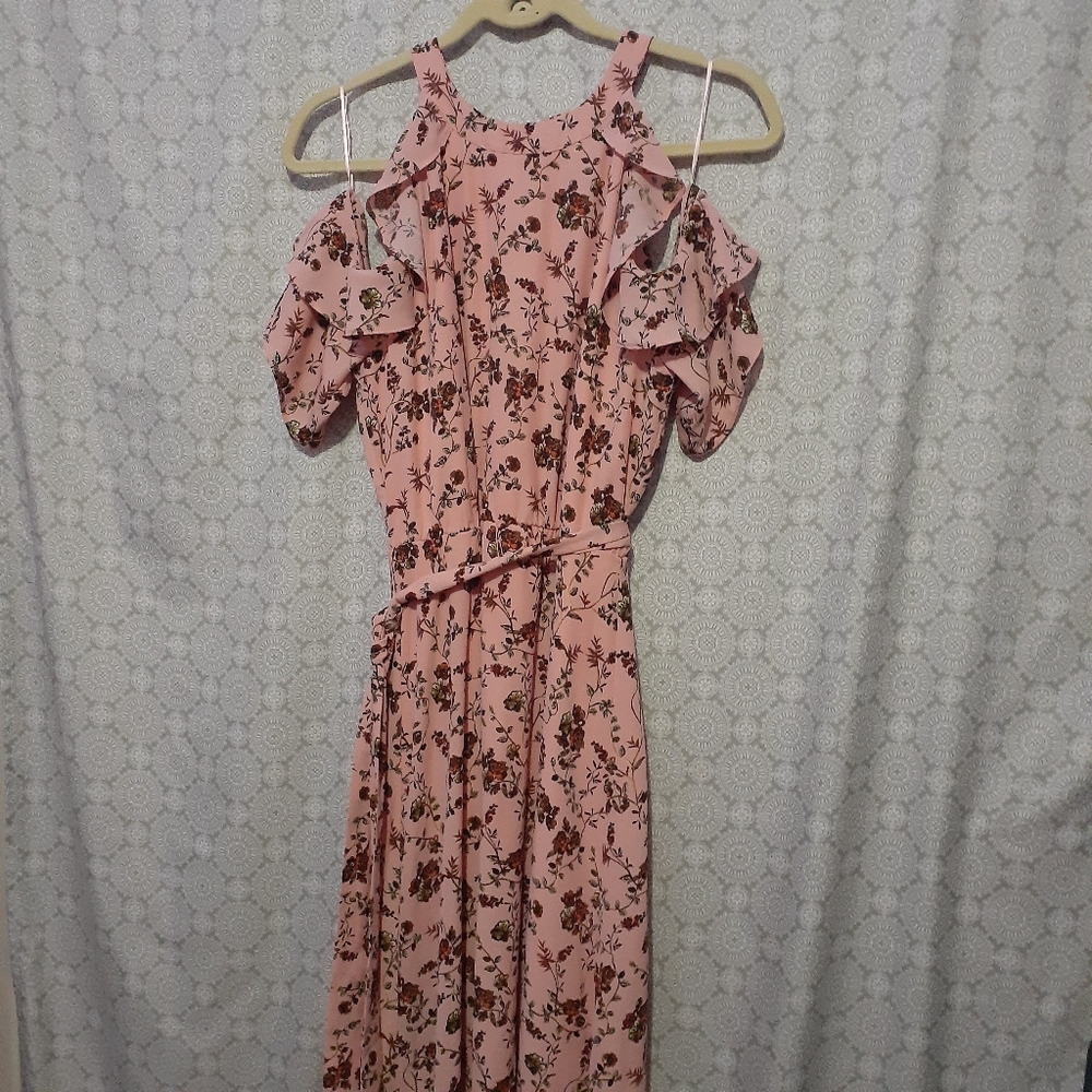 Versona Pink Floral Ruffle Cold Shoulder Midi High Low High Neck Dress